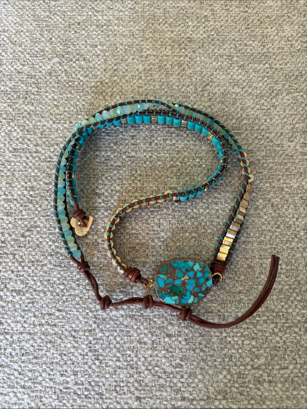 Cape Diablo Turquoise and Brown Leather Wrap Bracelet with Gold Accents